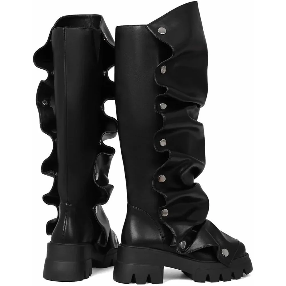 Women's Black Pu Fold Over Knee Slouchy Ruched Stacked Heel Round Toe Boots